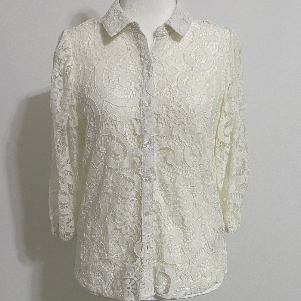 Nanette Lepore Ivory Lace Button-Down Blouse with Detachable Cami Liner